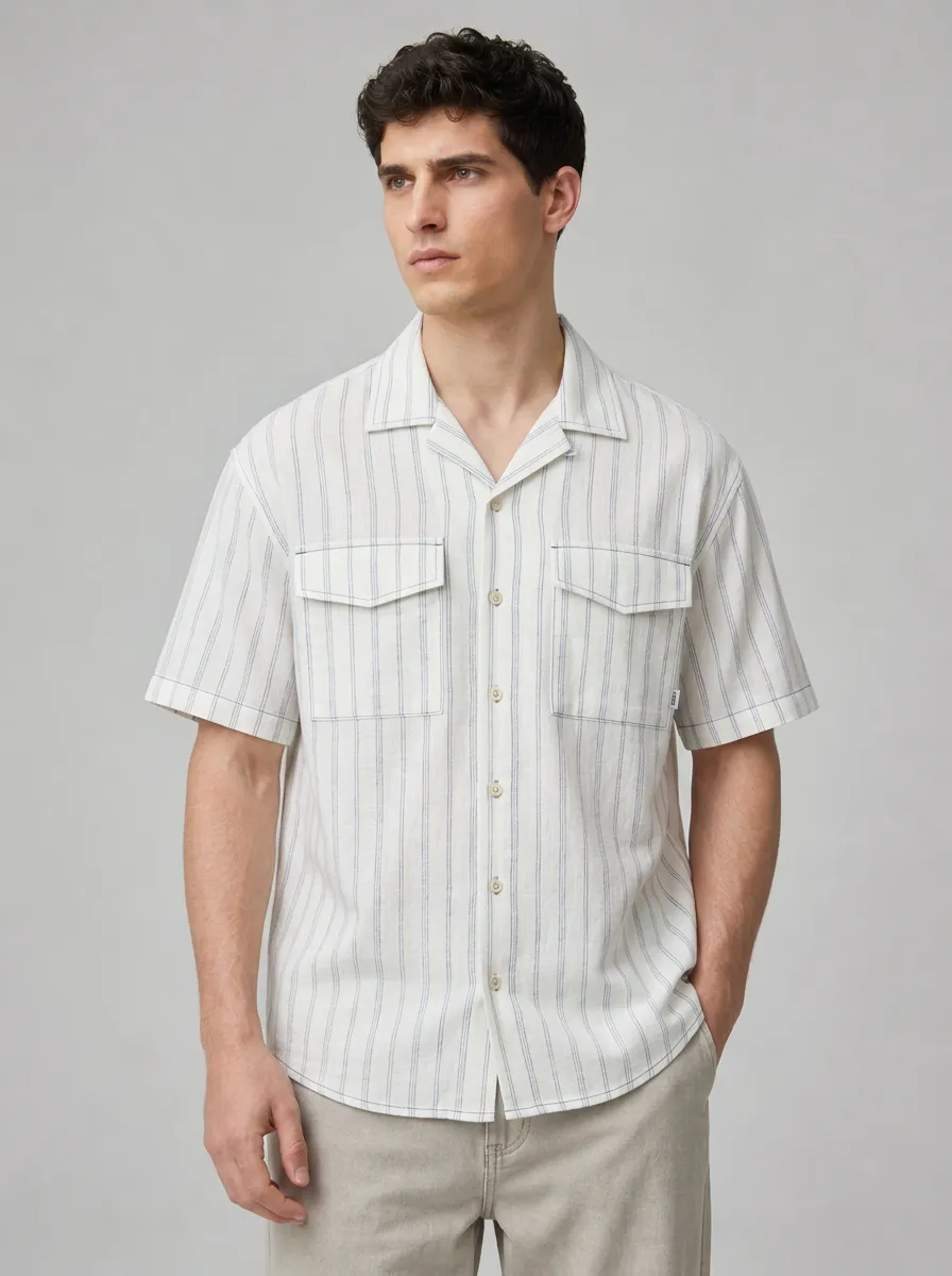 Men's Off-White Striped Camp Collar Short Sleeve Shirt