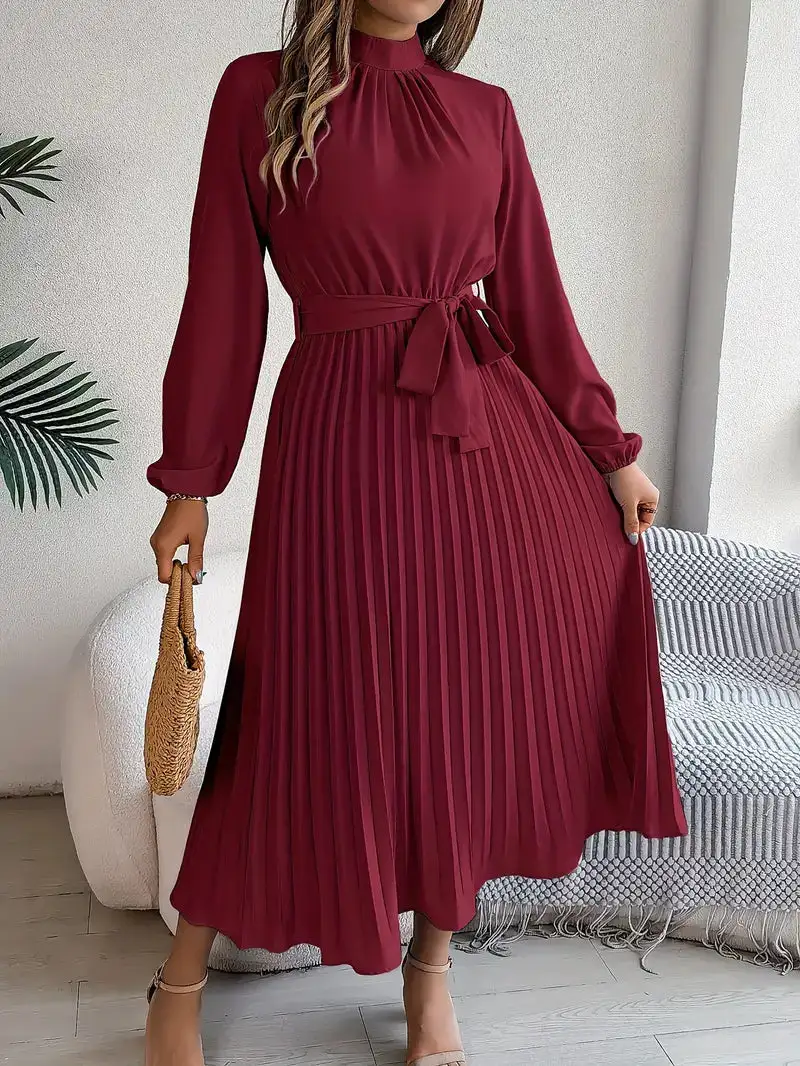  Long Sleeve Pleated Midi Dress