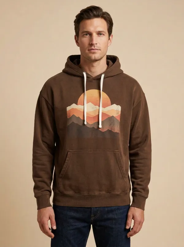 Men's Nature Lover Retro Sunset Mountain Print Hoodie