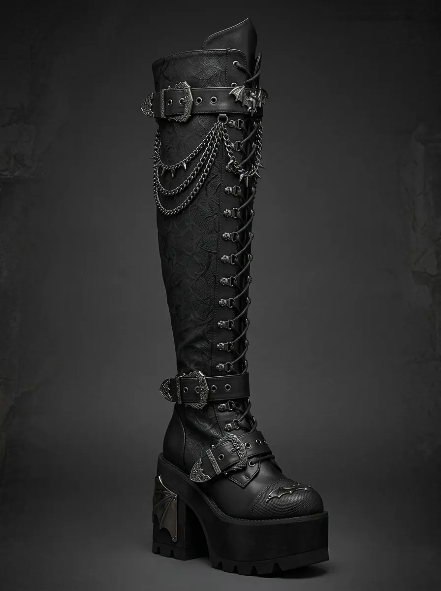 Gothic Revival Bat Chain Studded Detail Women's Gothic Platform Boots