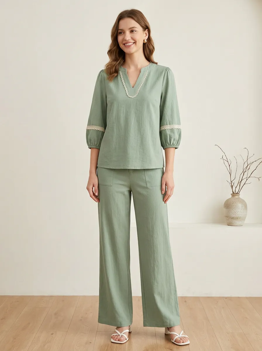 Short-Sleeve Three-Quarter-Sleeve Lace-Detail Women's V-Neck Shirt