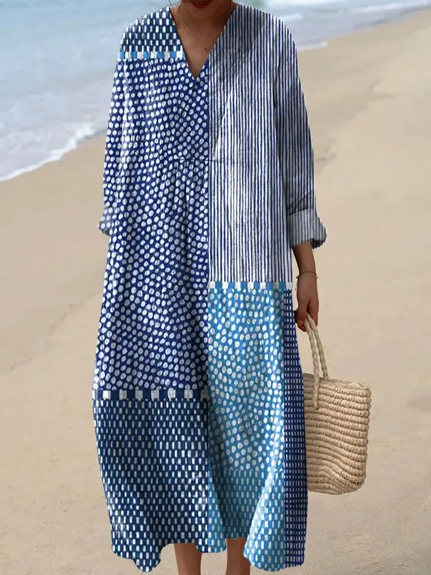  Casual Patchwork Print V Neck Midi Dress