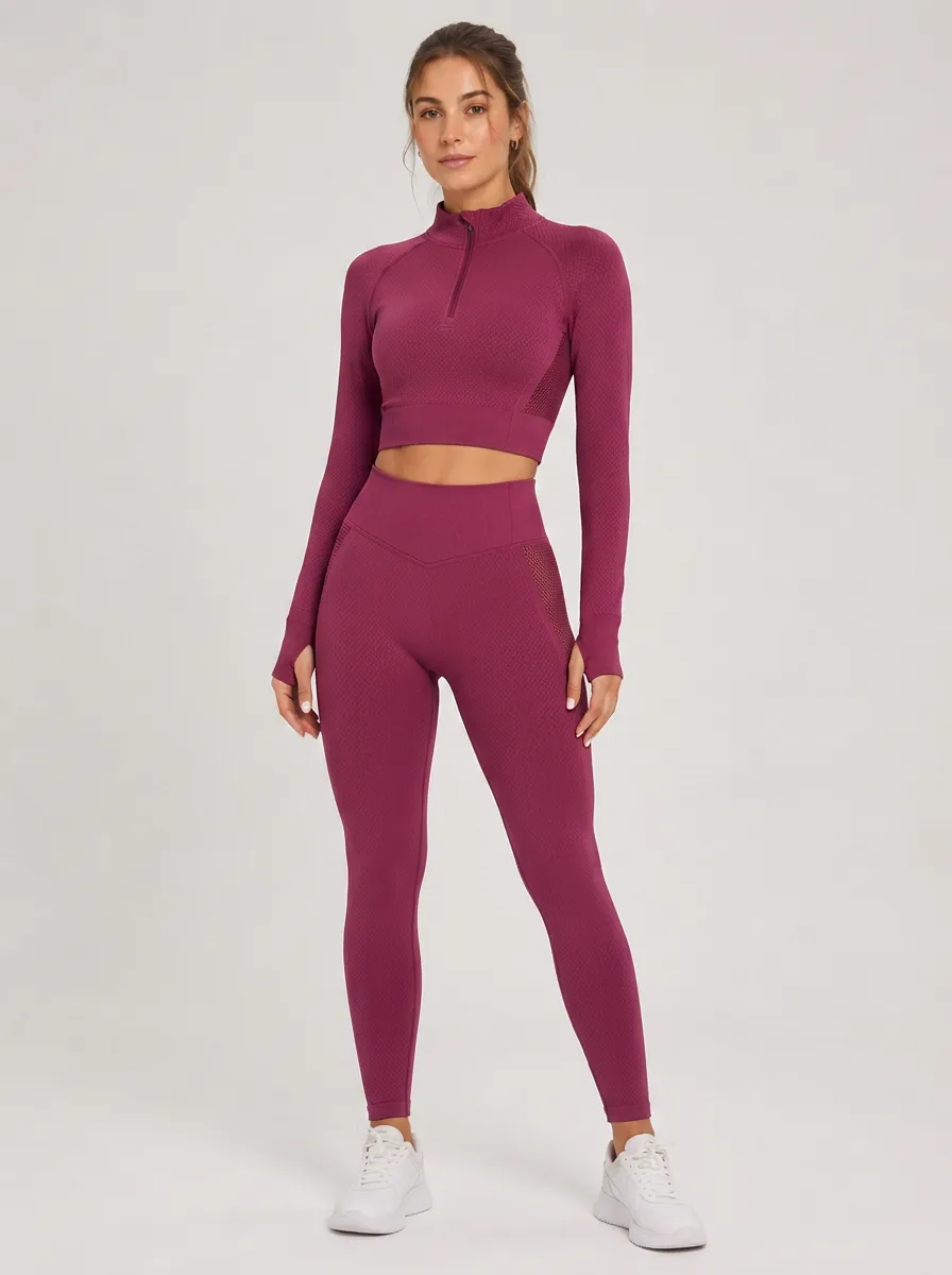Women's Fitness Burgundy Seamless Quarter-Zip Legging Set