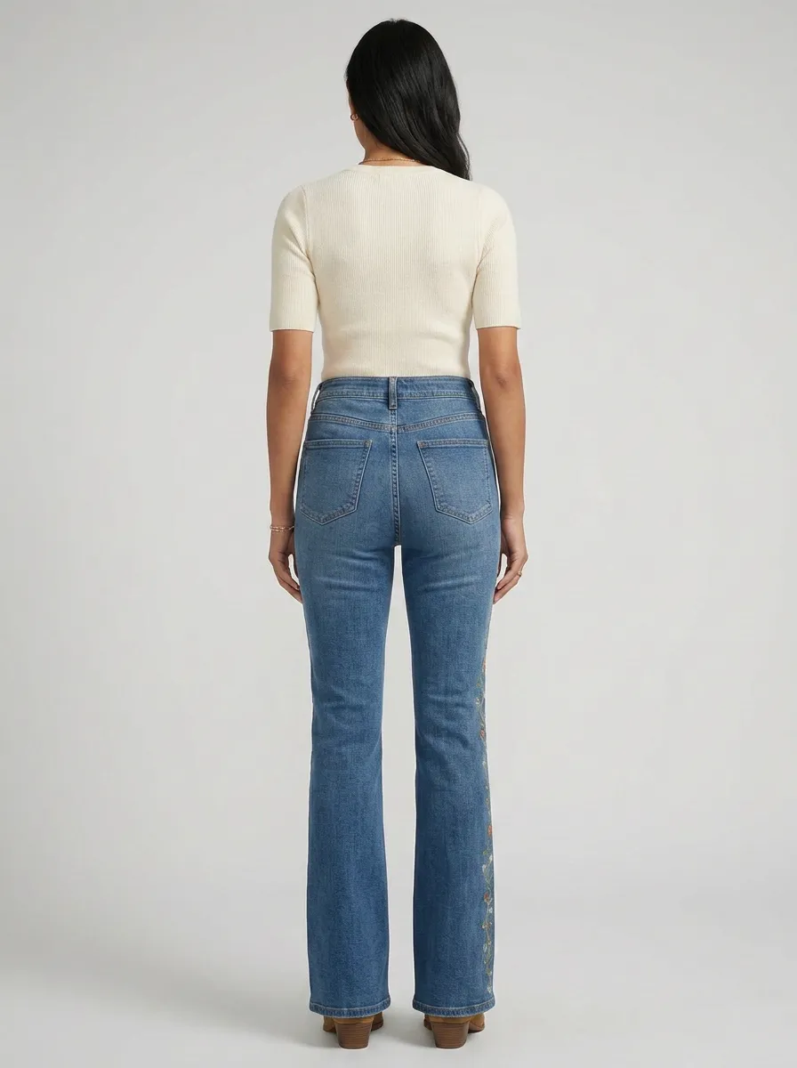 Women's Floral Vine Embroidered High Rise Flare Jeans
