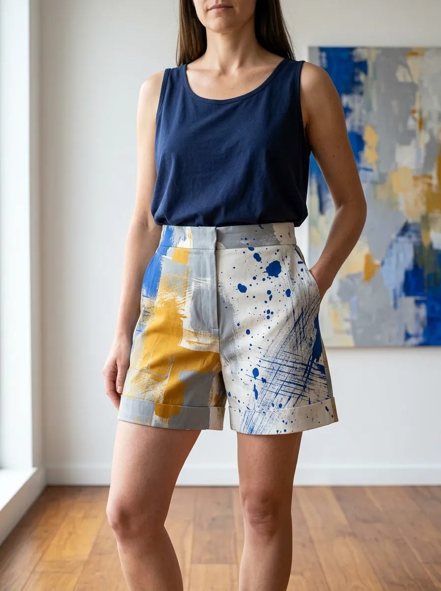 Women's Abstract Art Lover Blue Yellow Paint Splatter Printed Shorts