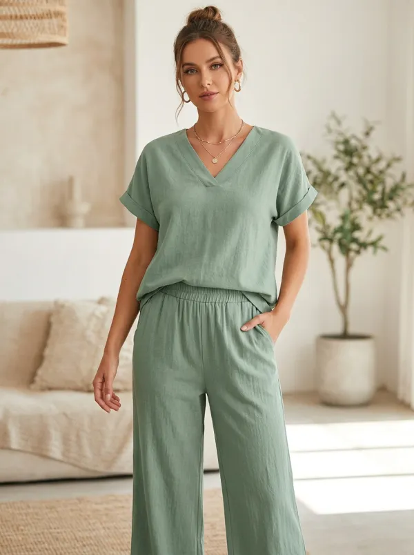 Short-Sleeve Rolled-Sleeve Women's V-Neck Shirt