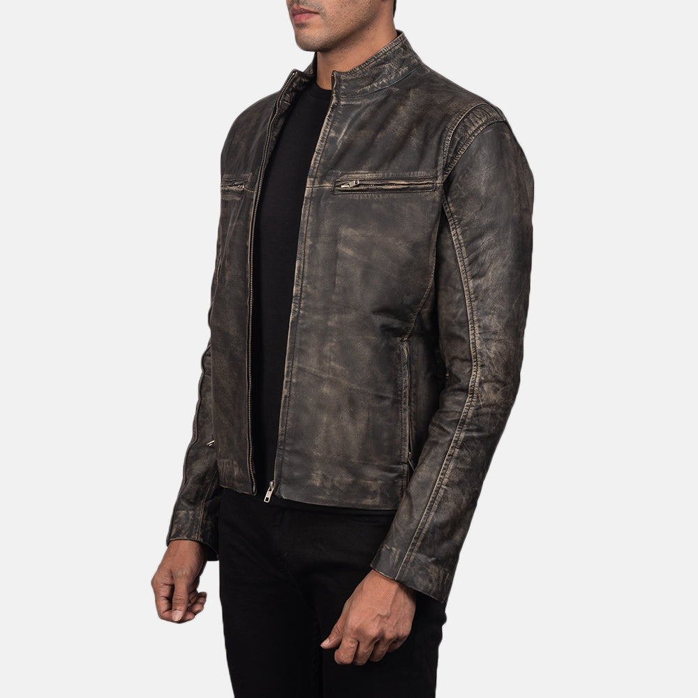 Men's Structured Biker Leather Distressed Jacket