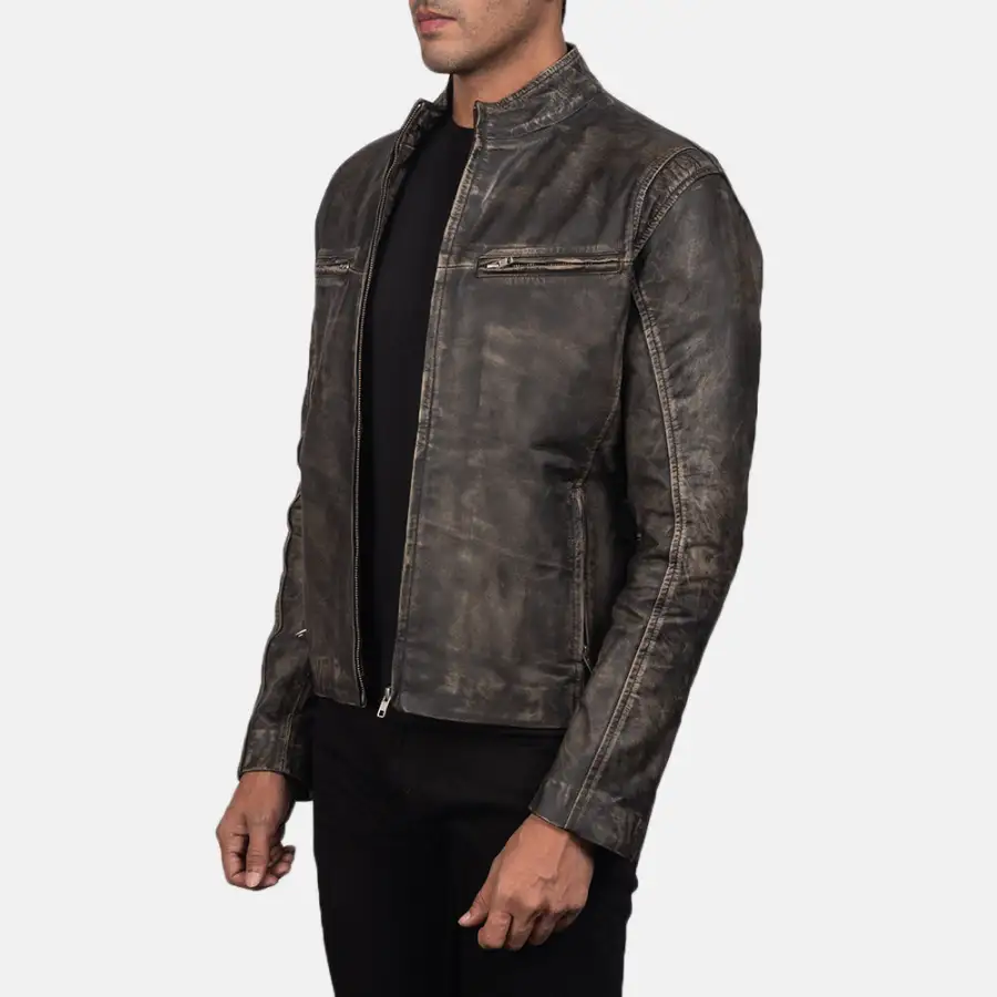 Men's Structured Biker Leather Distressed Jacket