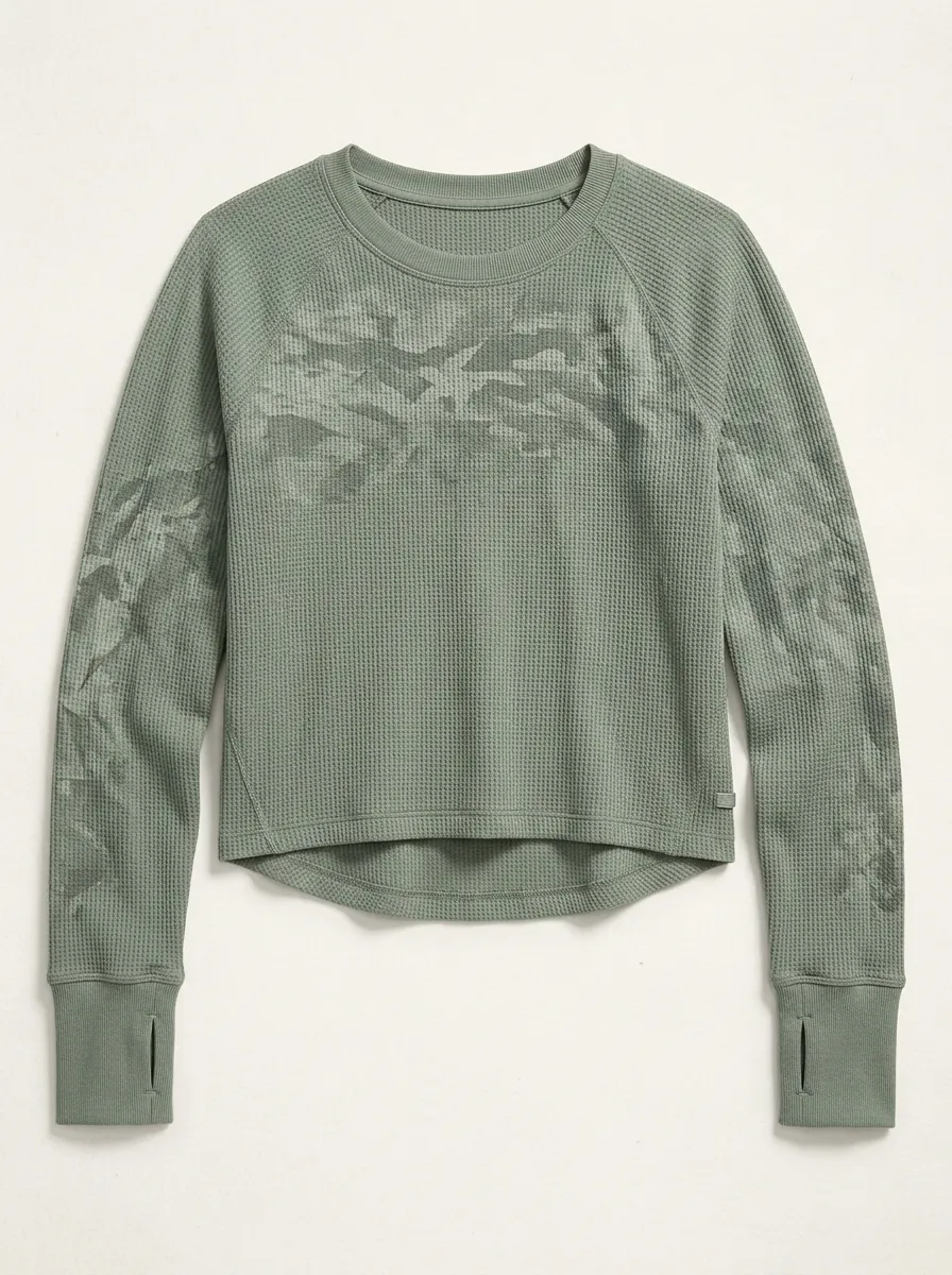 Women's Activewear Sage Green Camo Printed Waffle Knit Top