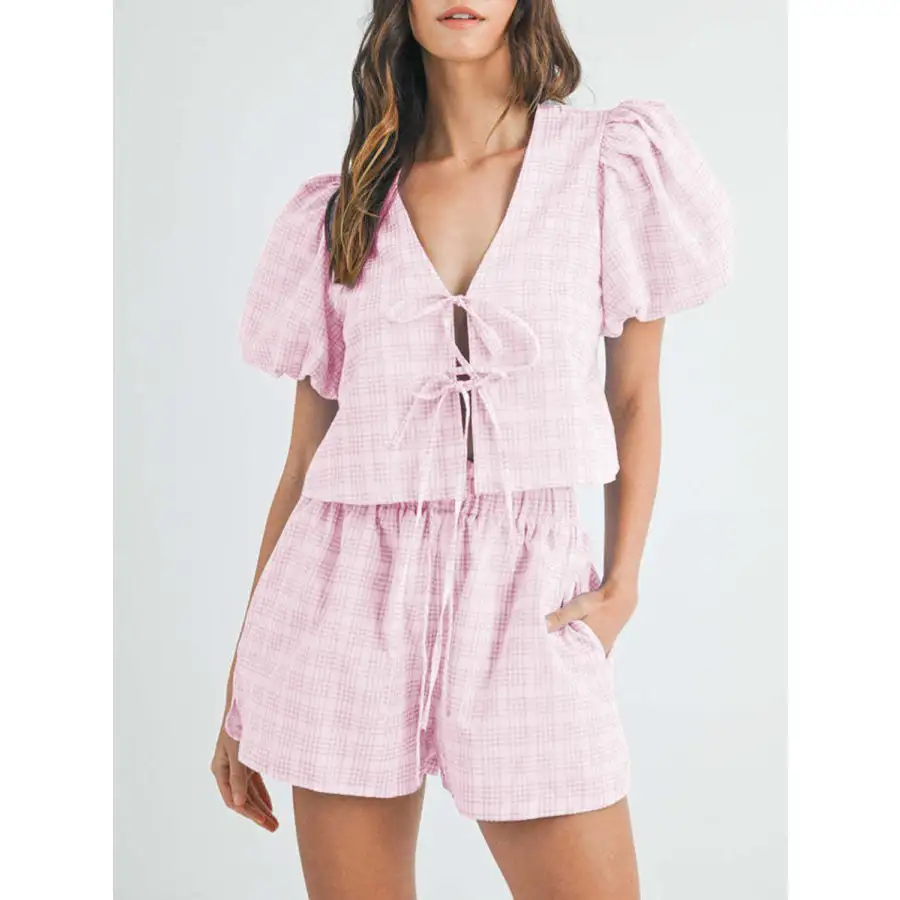 V Neck Puff Sleeve Top and Shorts Set