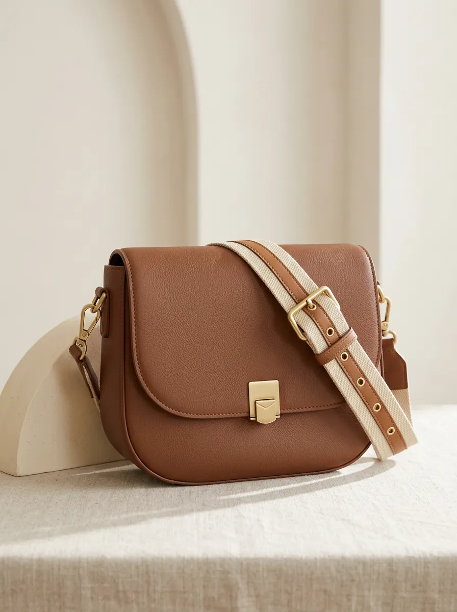 Women's Minimalist Brown Leather Canvas Strap Crossbody Bag