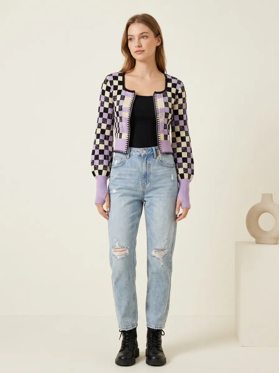 Women's Purple Black Checkered Pattern Knitted Cardigan