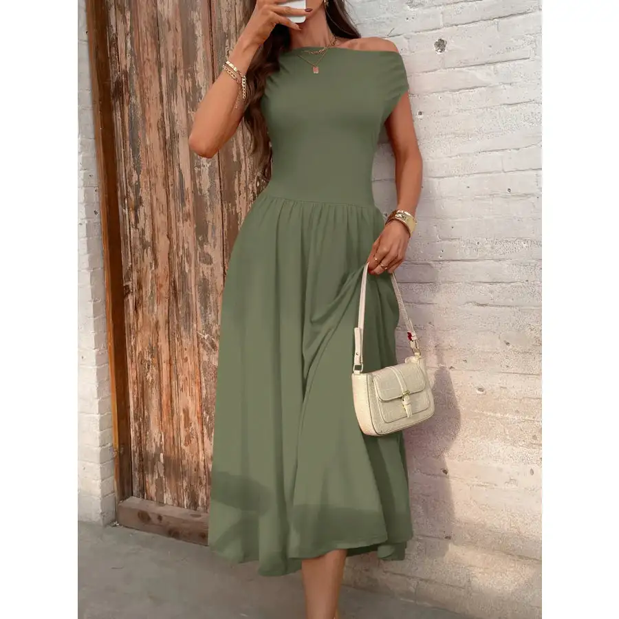 Single Shoulder Midi Dress with Pockets