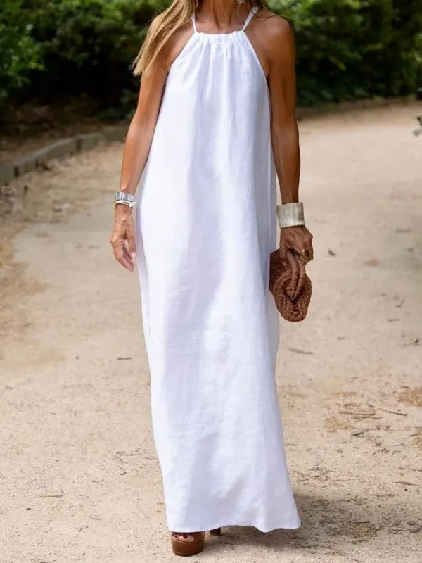 Halter Neck Sleeveless Linen Blend Maxi Dress