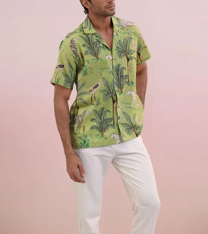 Green Jungle Print Mulmul Cotton Camp Collar Shirt