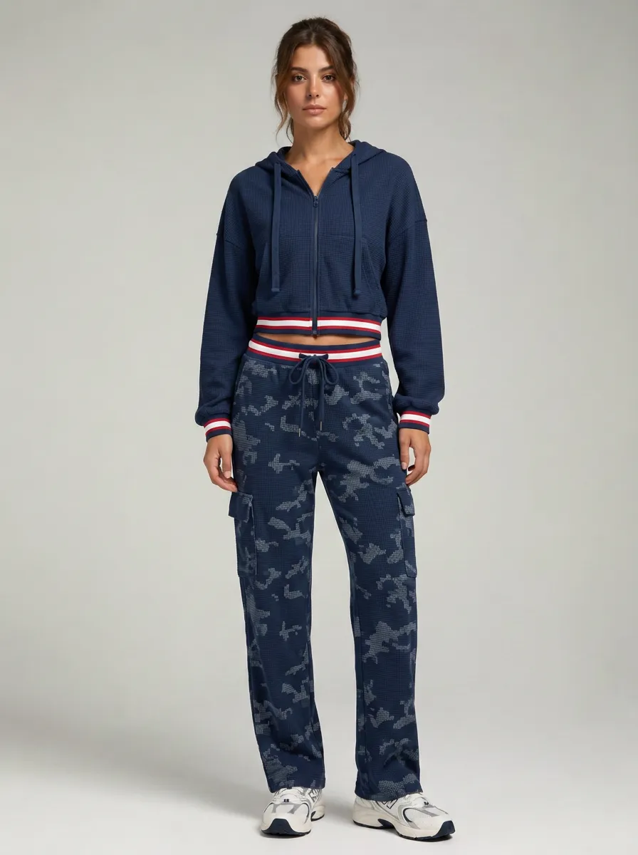Women's Sporty Casual Camo Printed Waffle Knit Zip-Up Hoodie Cargo Jogger Set