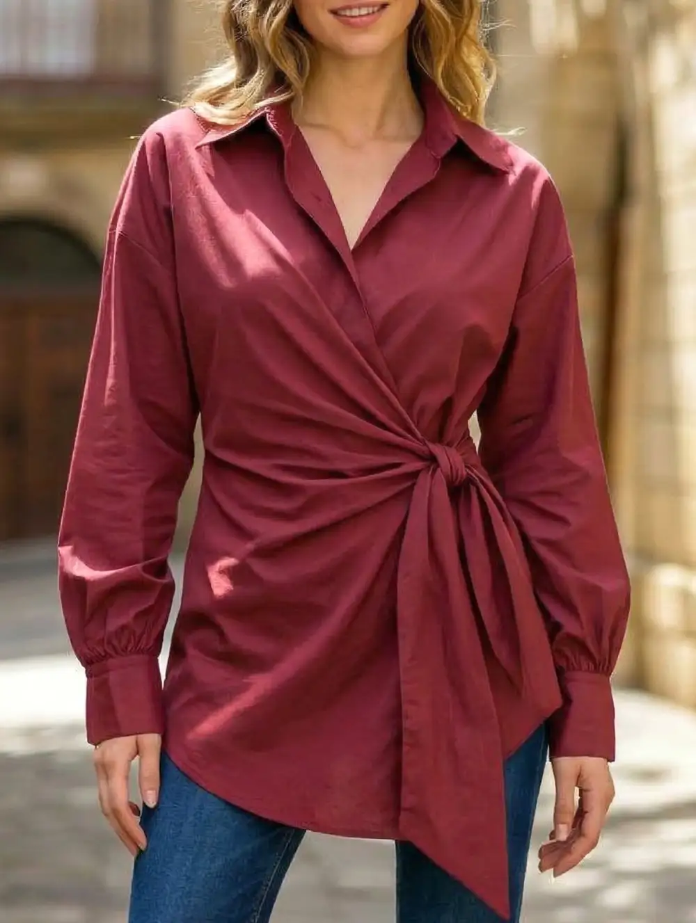 Lapel Button Tie Waist Slim Shirt