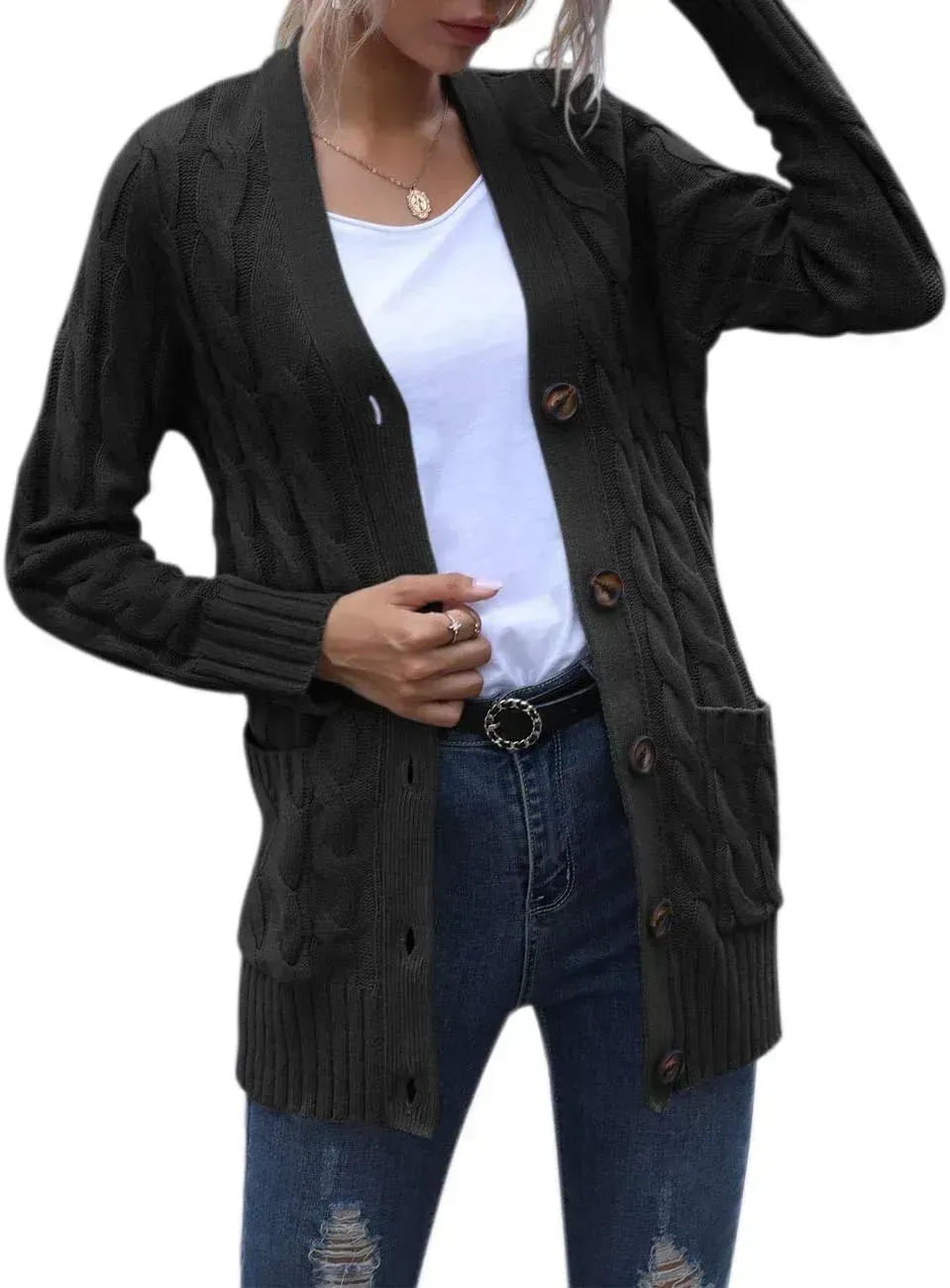 MEROKEETY Women's 2024 Fall Long Sleeve Cable Knit Sweater Open Front Cardigan Button Loose Outerwear