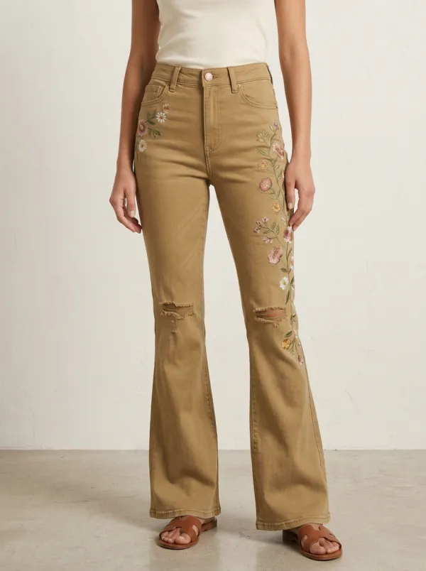 Women's Medium Wash Floral Embroidery Five-Pocket Flare Jeans