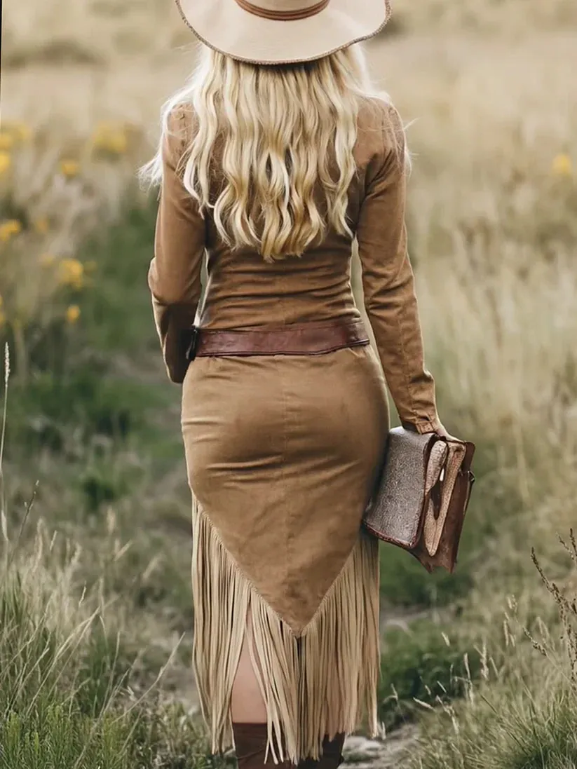 Retro Shirt Collar Zipper Tassel Midi Dress