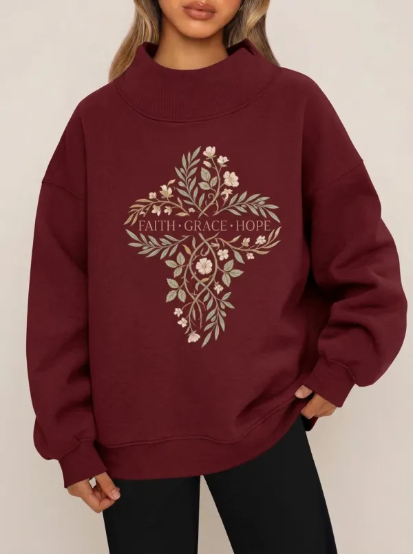 Women's Heather Grey Grace Hope Grace Hope Drop Shoulder Mock Neck Sweatshirt