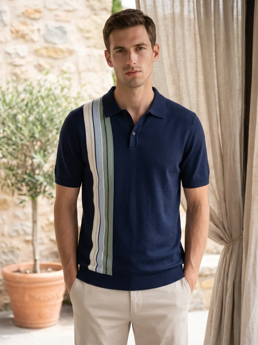 Men's Vintage Style Vertical Stripe Pattern Printed Polo Shirt