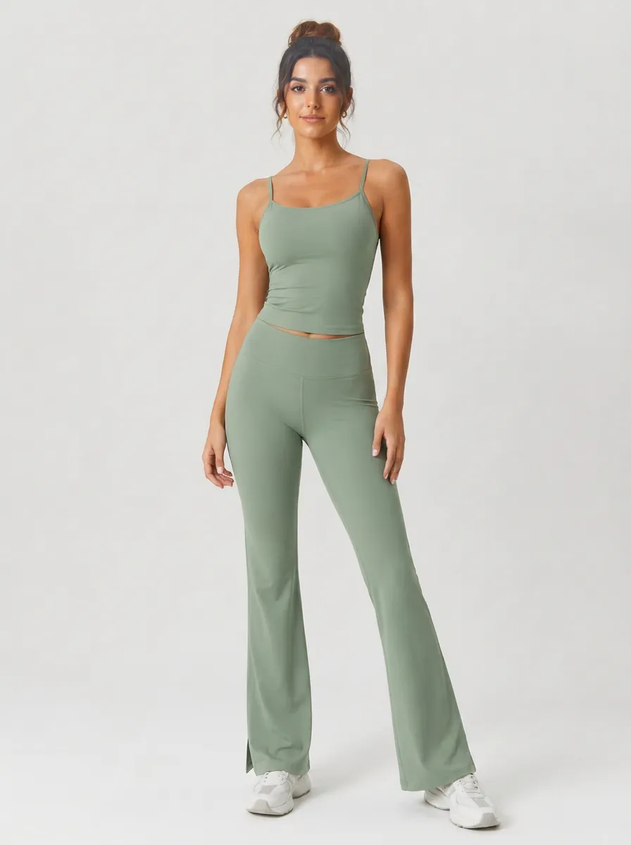 Women's Sage Green Yoga Camisole Flare Leggings Set