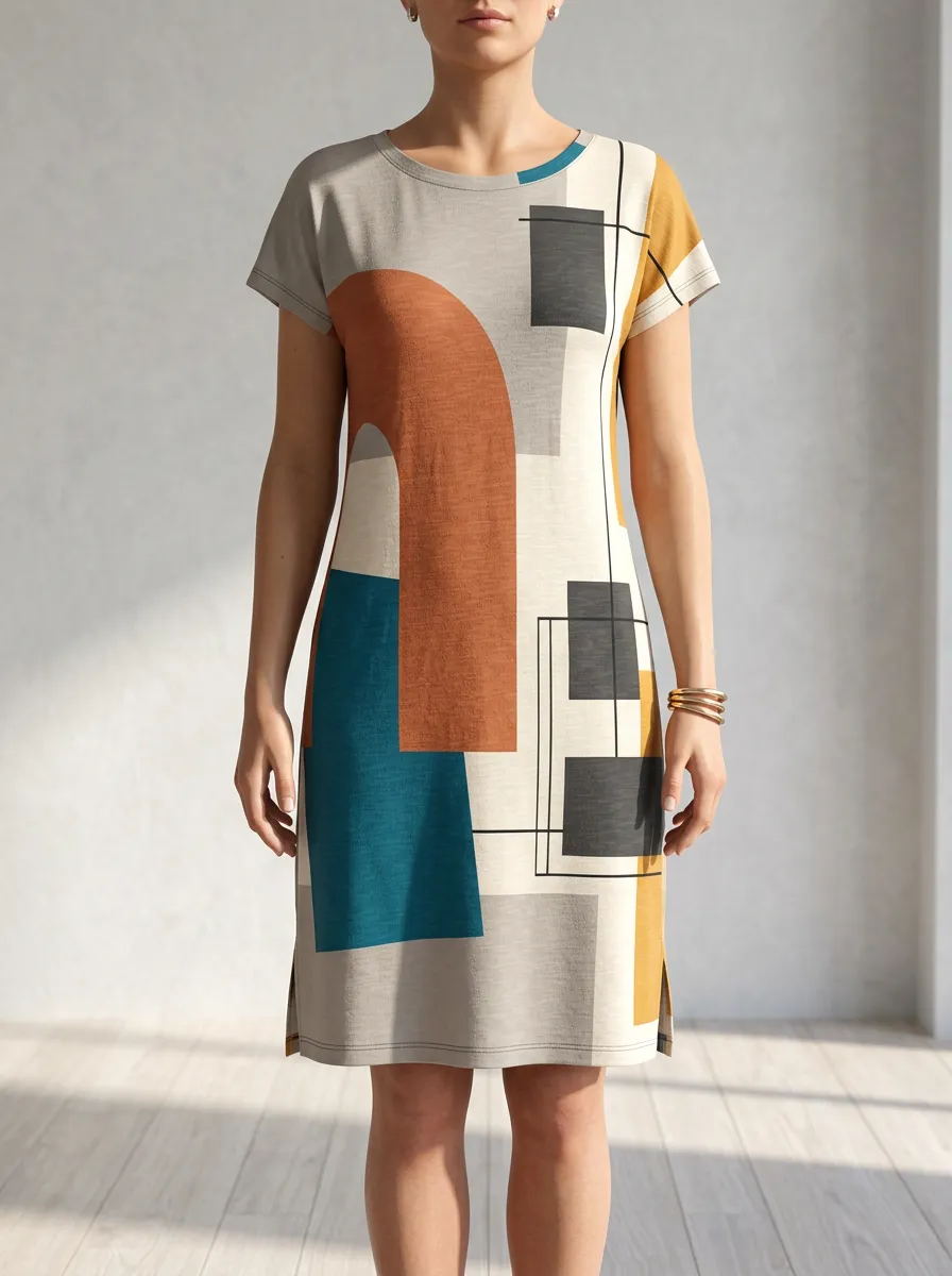 Women's Round Neck Abstract Print Shift Dress