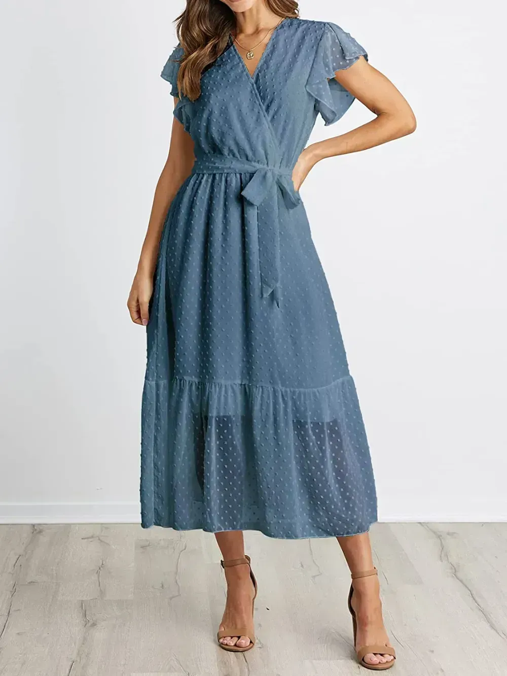 Women Summer Bohemian Floral Casual Wrap V Neck Ruffle Cap Sleeveless Belt A-Line Pleated Hem Swing Midi Sun Dress