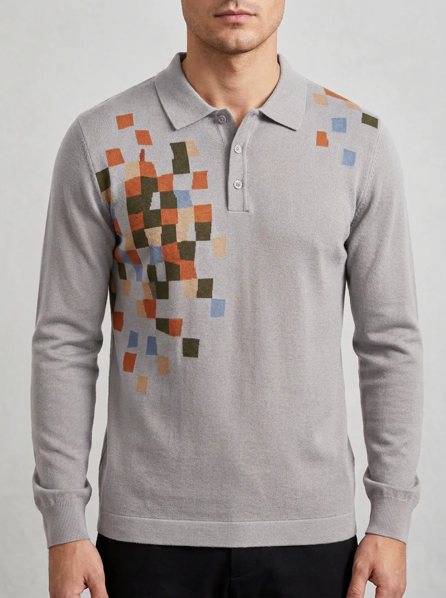 Men's Geometric Pixel Pattern Printed Long Sleeve Polo Shirt