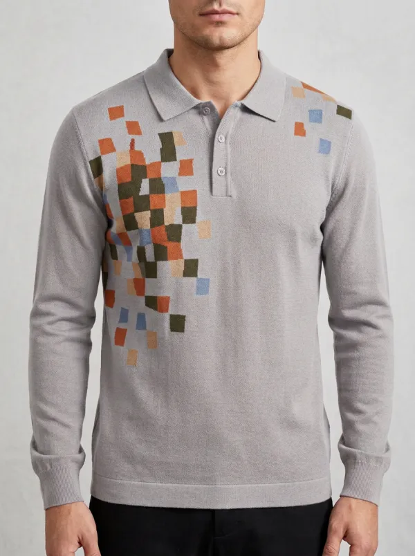 Men's Geometric Pixel Pattern Printed Long Sleeve Polo Shirt