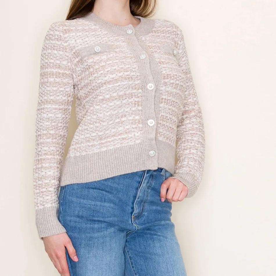 Ribbed Button Front Rhinestone Detail Pearl Detail Cardigan