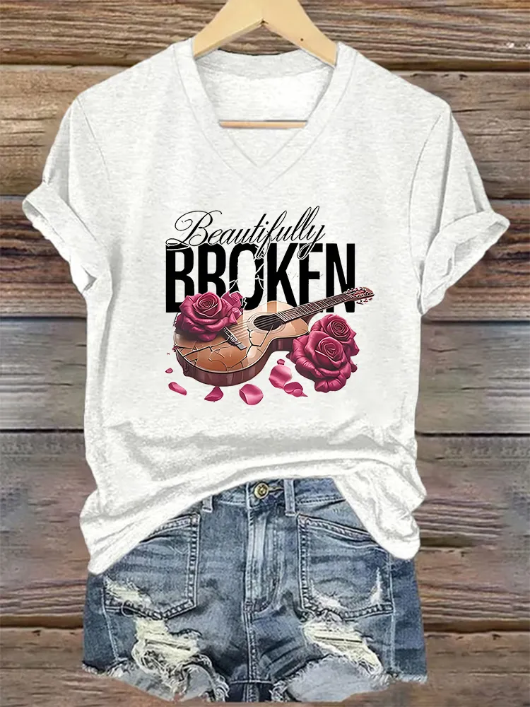 Women's Beautifully Broken Guitar Flower Print Short-Sleeved T-Shirt