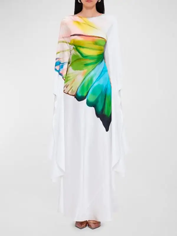 Sleeves Floral Printed Long Neck Maxi Dress