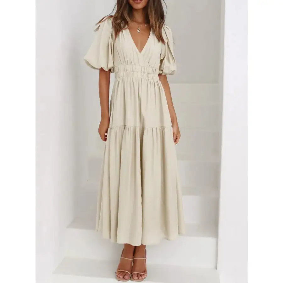 Neck V-Neck Puff Sleeve Midi Dress