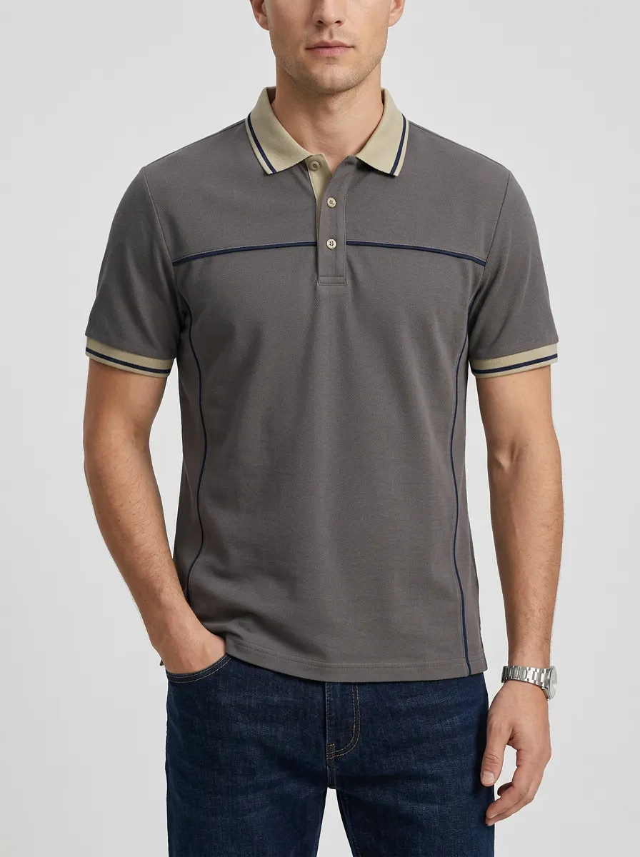 Men's Casual Business Contrast Trim Striped Polo Shirt