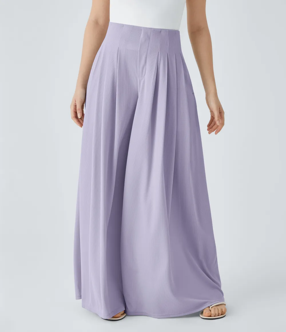 High Waisted Pleated Side Pocket Flowy Wide Leg Palazzo Waffle Casual Pants