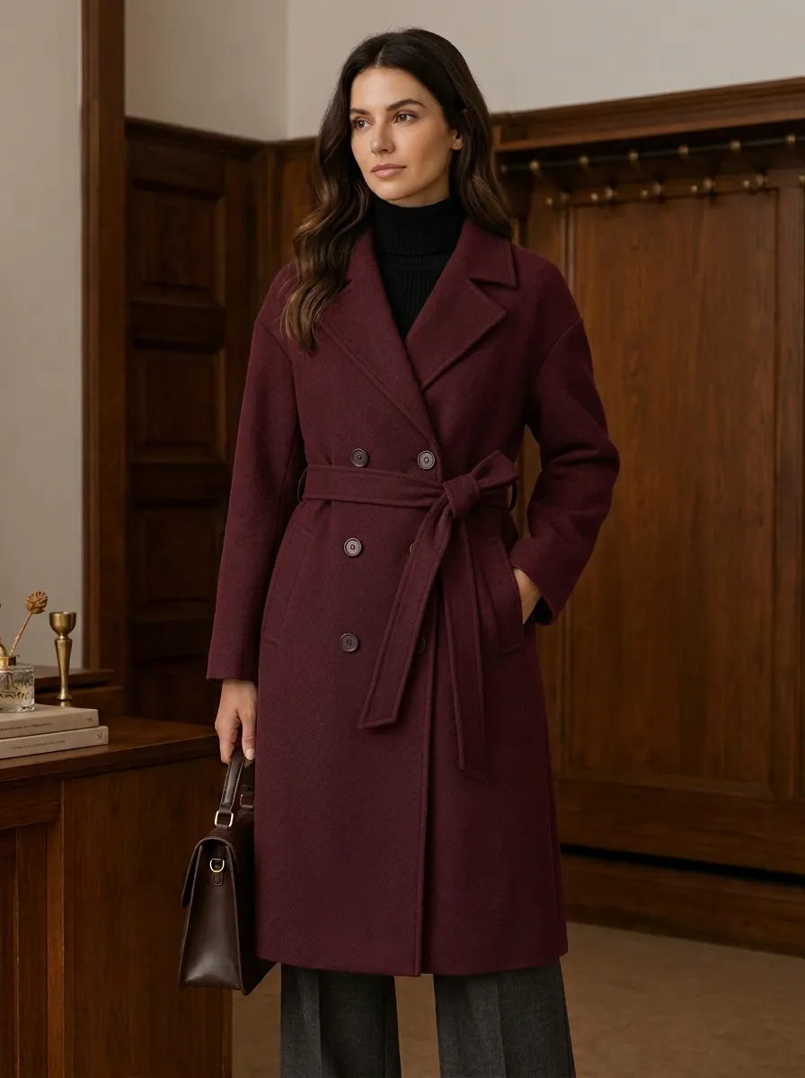 Women's Classic Navy Double-Breasted Belted Wool-Blend Trench Coat