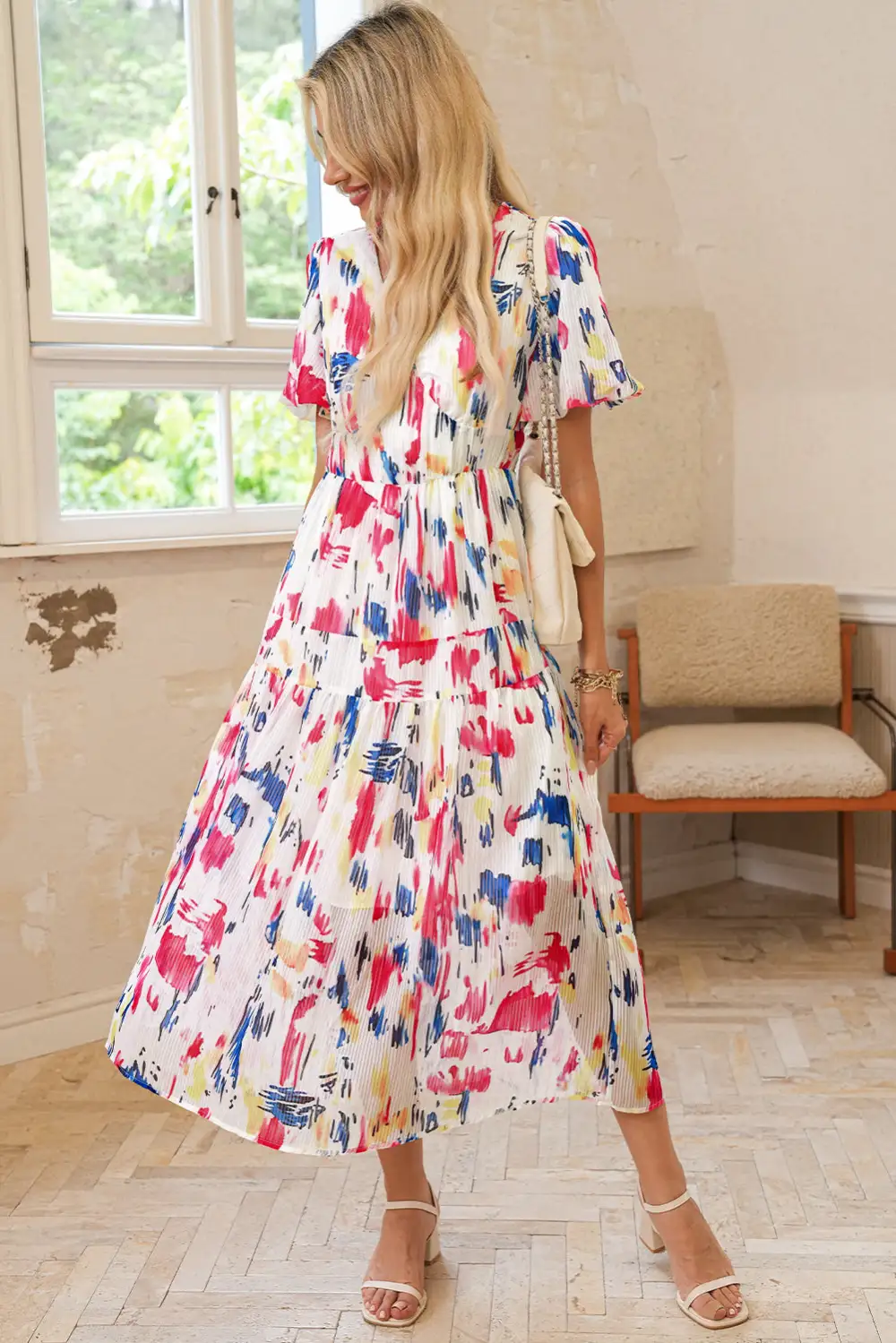 Abstract Print Tiered Puff Sleeve Maxi Dress
