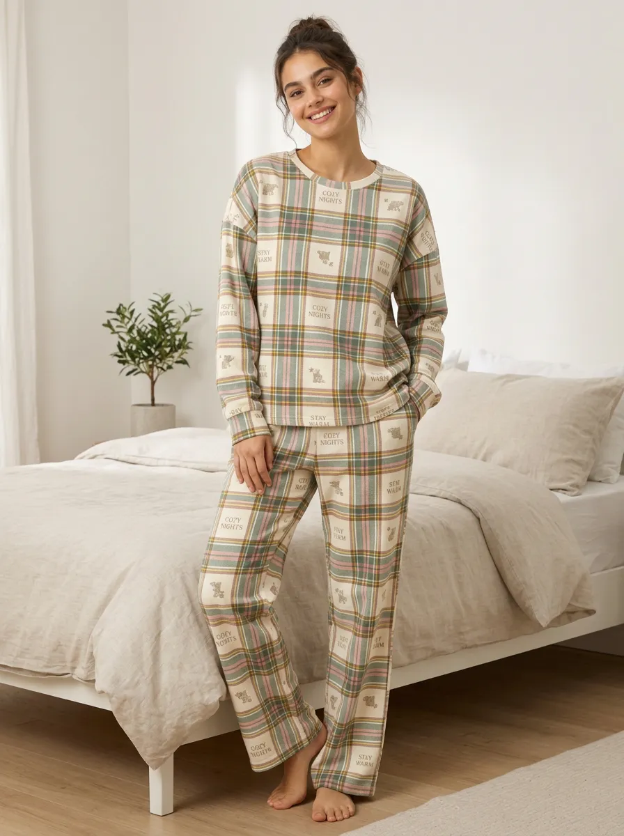 Women's Bear Graphic Plaid Loungewear Set