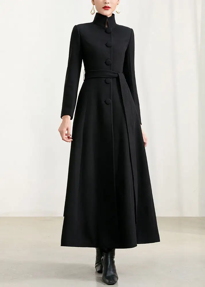 Wool Blend Fit and Flare Single Breasted Stand Collar Pocketed Long Coat