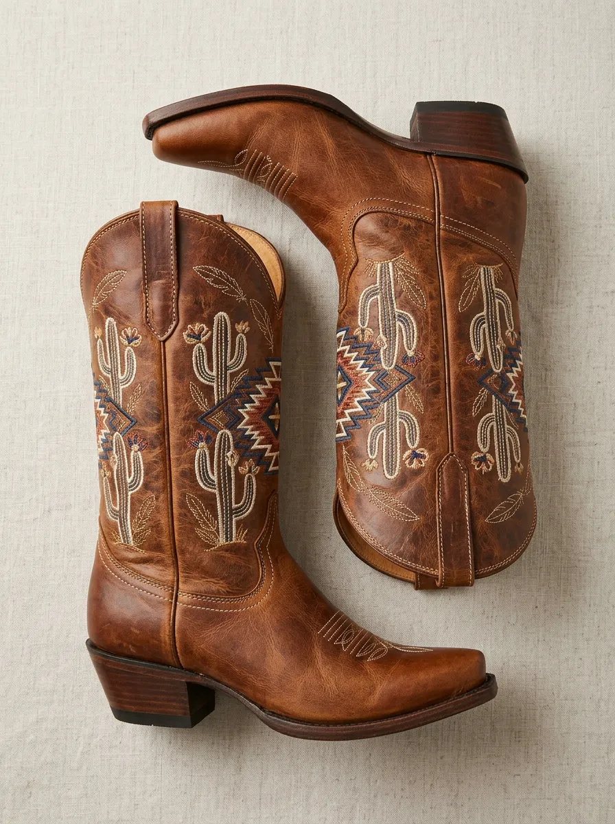 Canyon Cactus Embroidered Leather-Look Detail Unisex Western Cowboy Boots