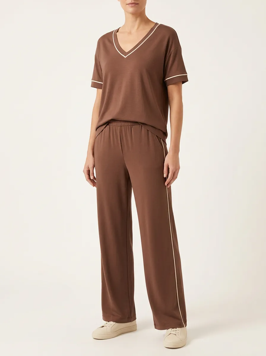 Women's Tonal-Stitch V-Neck T-Shirt and Wide-Leg Pants Set