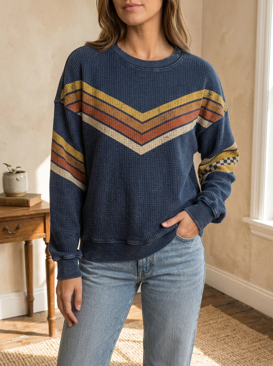 Women's Retro Chevron Striped Printed Waffle Knit Sweatshirt