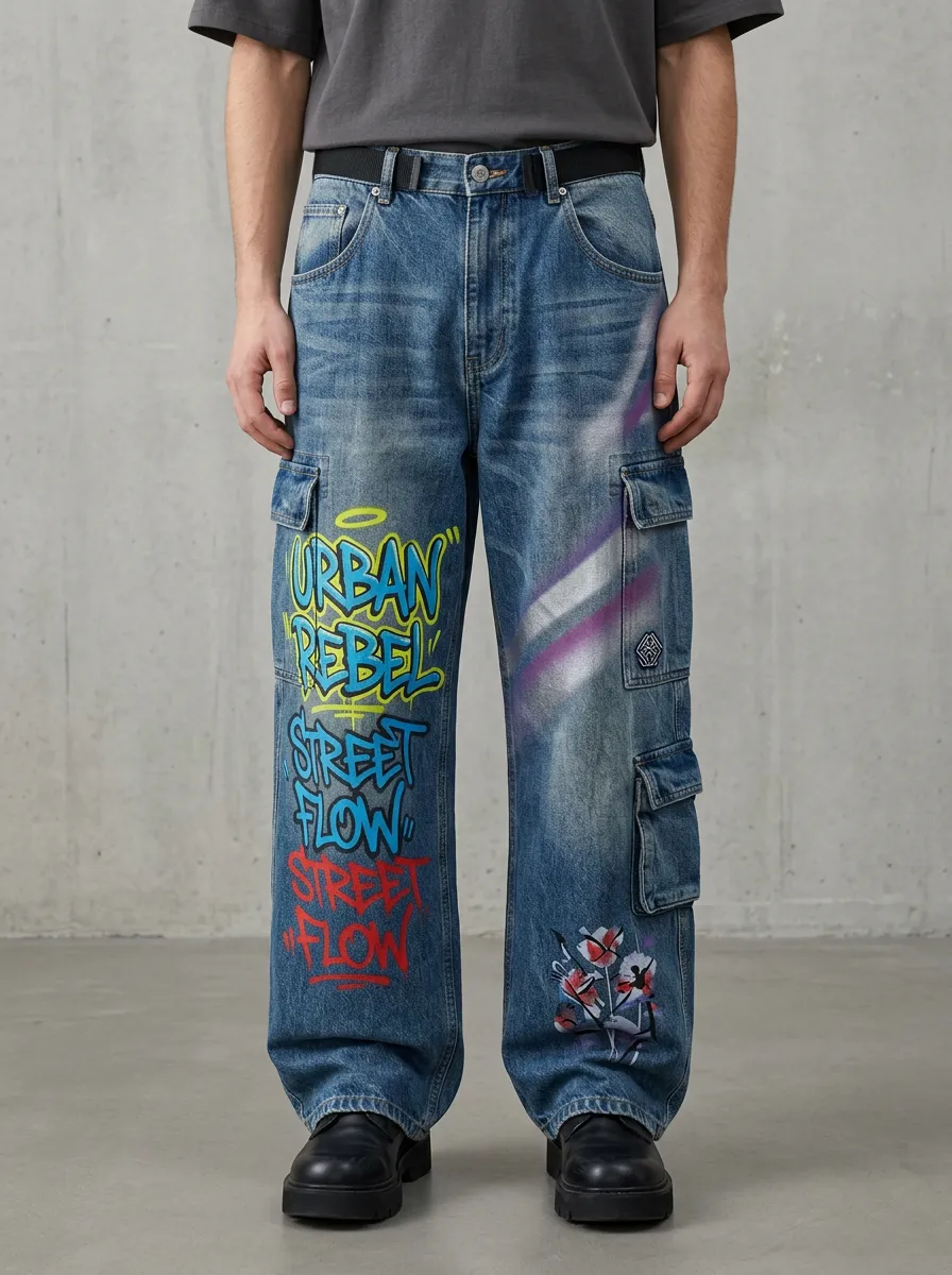 Men's Streetwear Urban Rebel Graffiti Statement Graphic Cargo Jeans