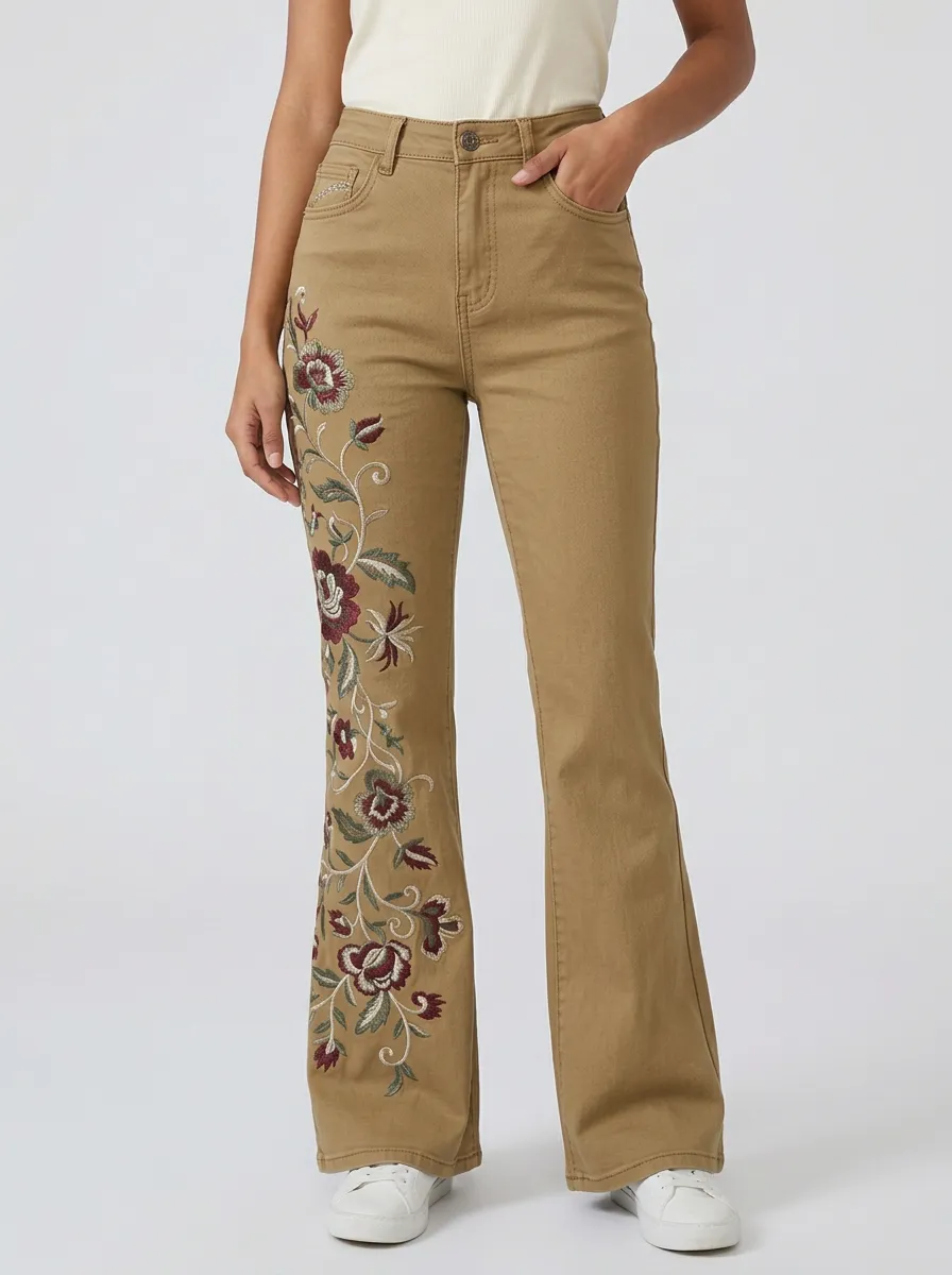 Women's Medium Wash Floral Embroidered Flare Jeans