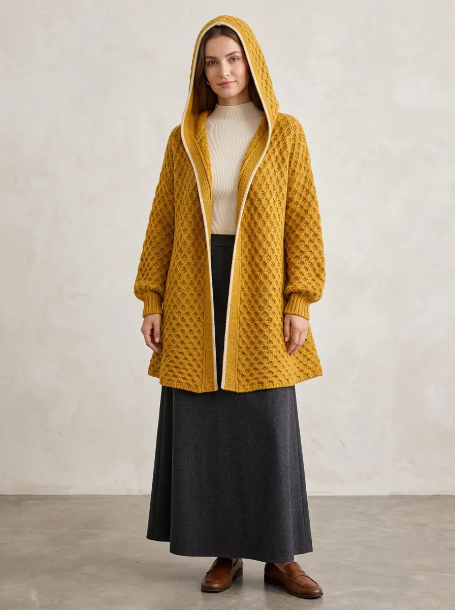 Women's Diamond-Knit Open-Front Hooded Cardigan