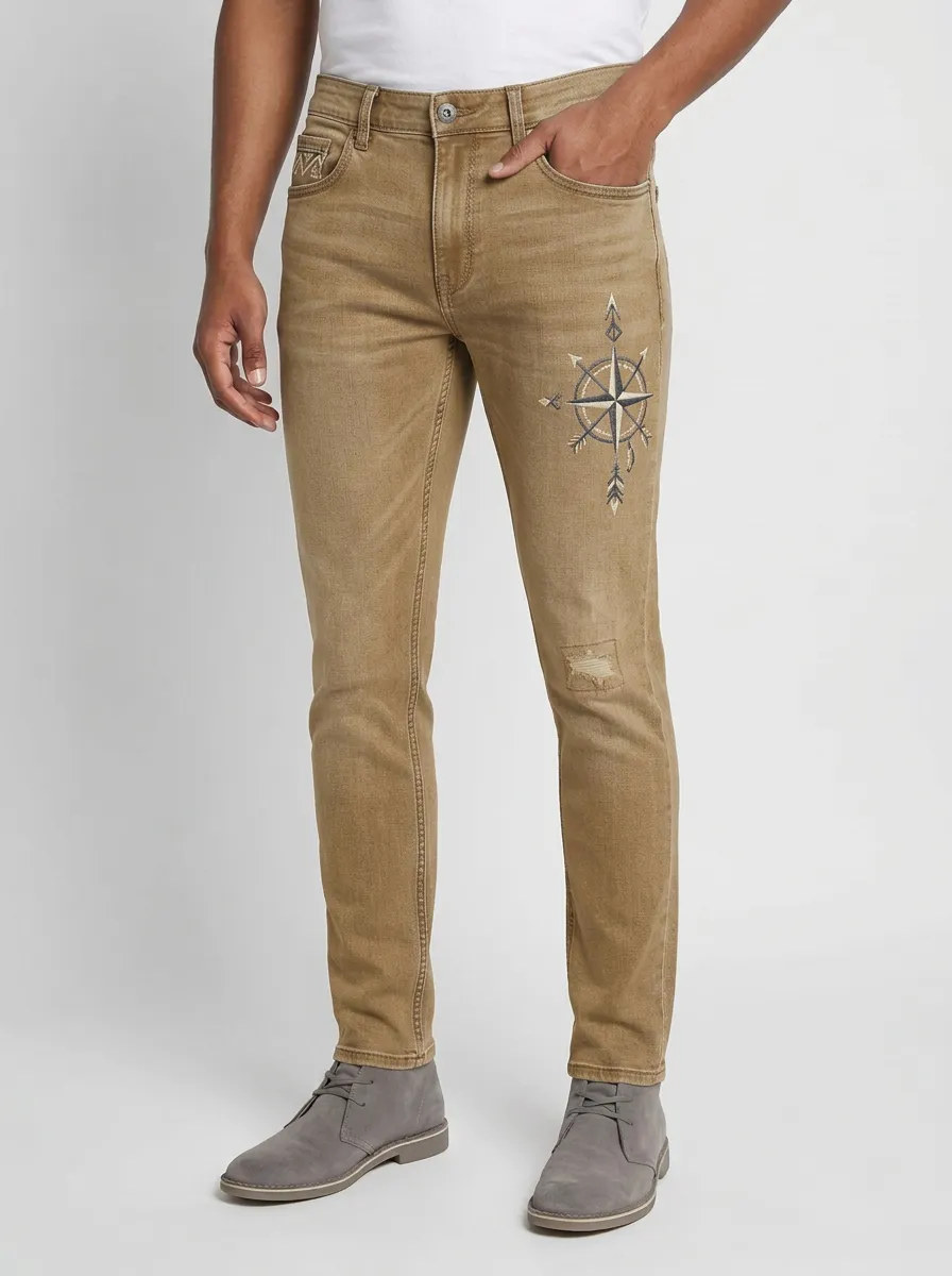 Men's Blue Travel Compass Embroidered Slim Fit Jeans