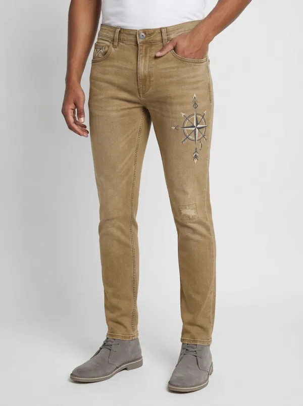 Men's Blue Travel Compass Embroidered Slim Fit Jeans