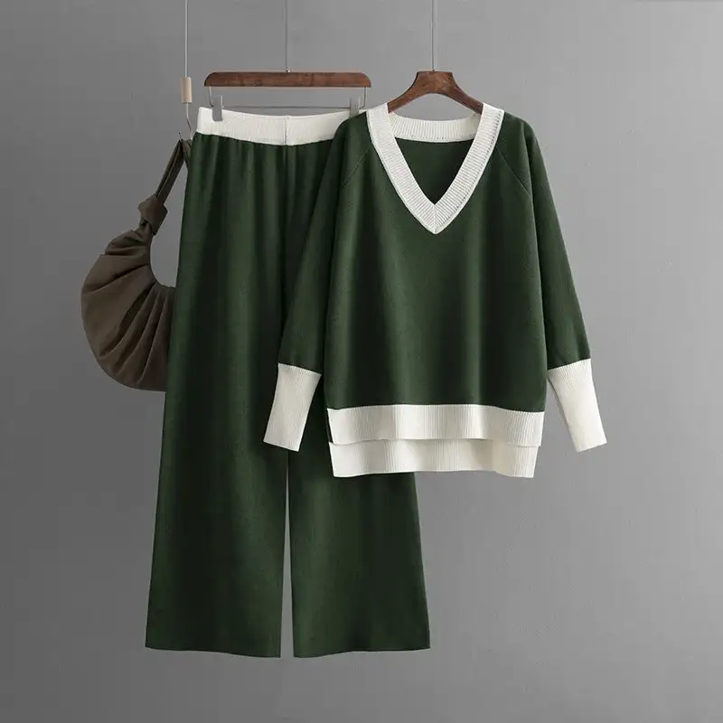 Casual V-Neck Contrast Top & Wide-Leg Pants Two-Piece Set